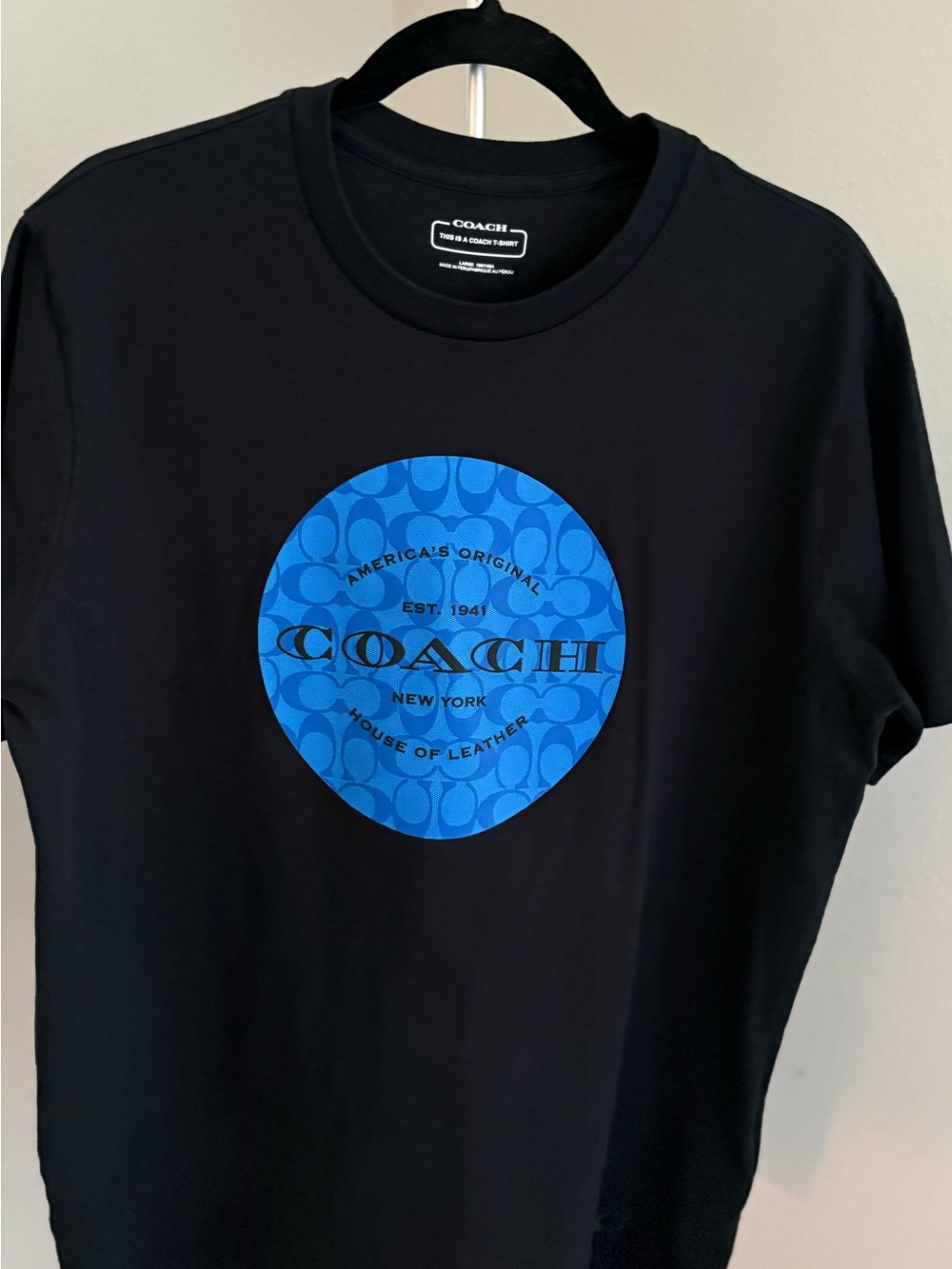 COACH Black Short Sleeve Tee with Blue Signature Circle